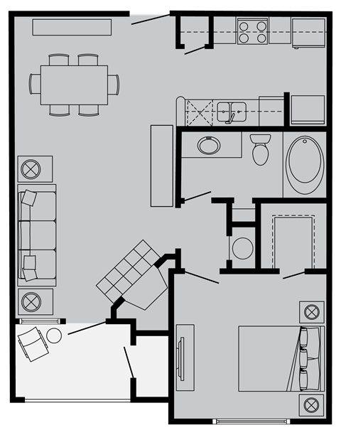 Floor plan for 1 bed, 1 bath, 678 sqft